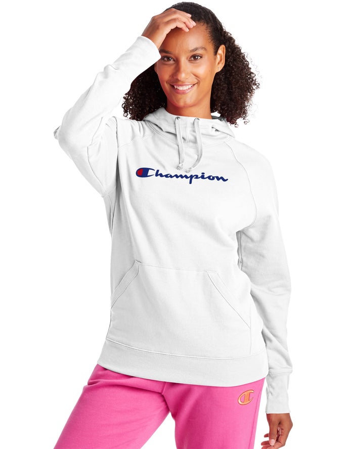 Champion Dame Hættetrøje Hvide - Powerblend Fleece Script Logo - Danmark QLN-679405